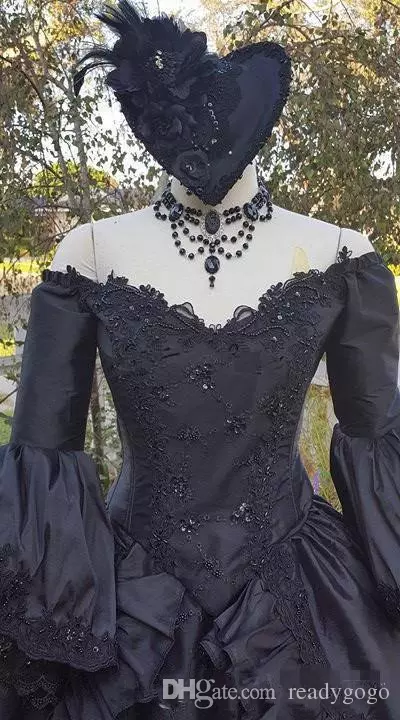Victorian Vintage Black Dresses With Long Sleeve Retro Plus Size Off Shoulder Gothic Corset Lace Up Wedding Bridal Gown 6660311