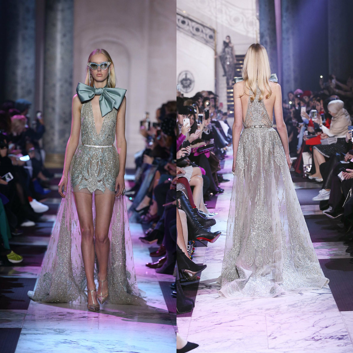 Elie Saab Prom Dresses High Low Luxury Beads Sequined Deep V Neck Sleeveless Sweep Train Evening Dress Custom Made Formal Party Gowns