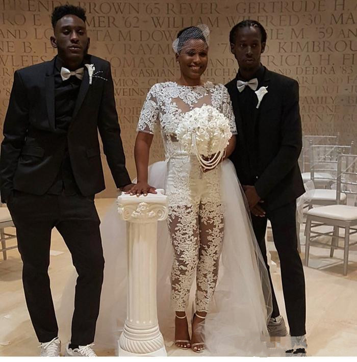 Wedding Jumpsuit Beach Dresses with Detachable Train See Through Lace Bodice Plus Size Nigerian African Bridal Gowns
