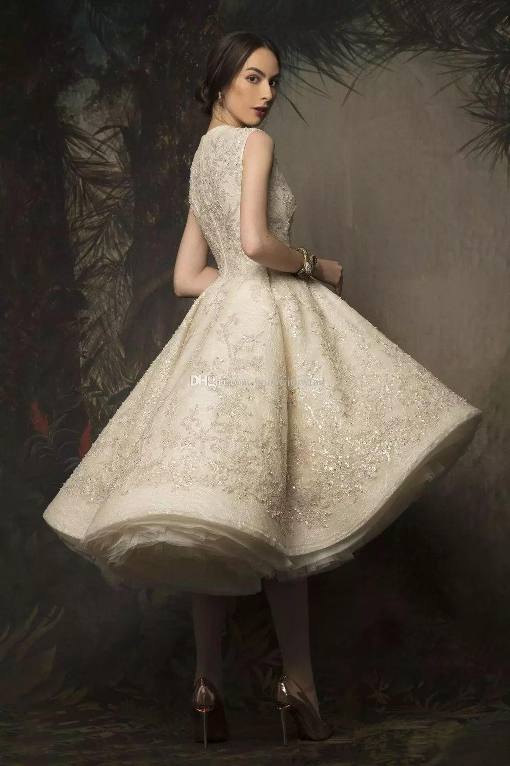 Krikor Jabotian High Low Prom Dresses 2019 Jewel Neck Lace Sequined Evening Gowns Sexy Women Formal Cocktail Dress