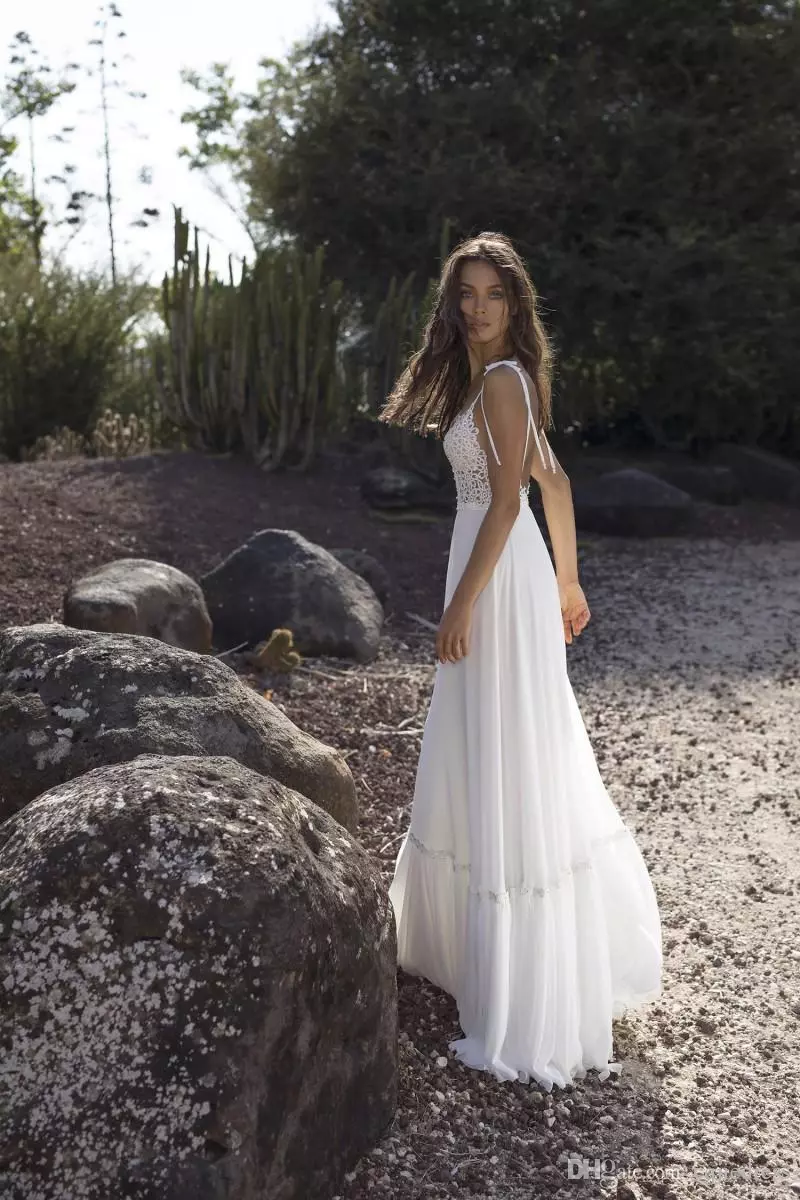 new beach bohemia wedding dresses a line spaghetti v neck backless chiffon bridal gowns boho lace appliqued wedding dress