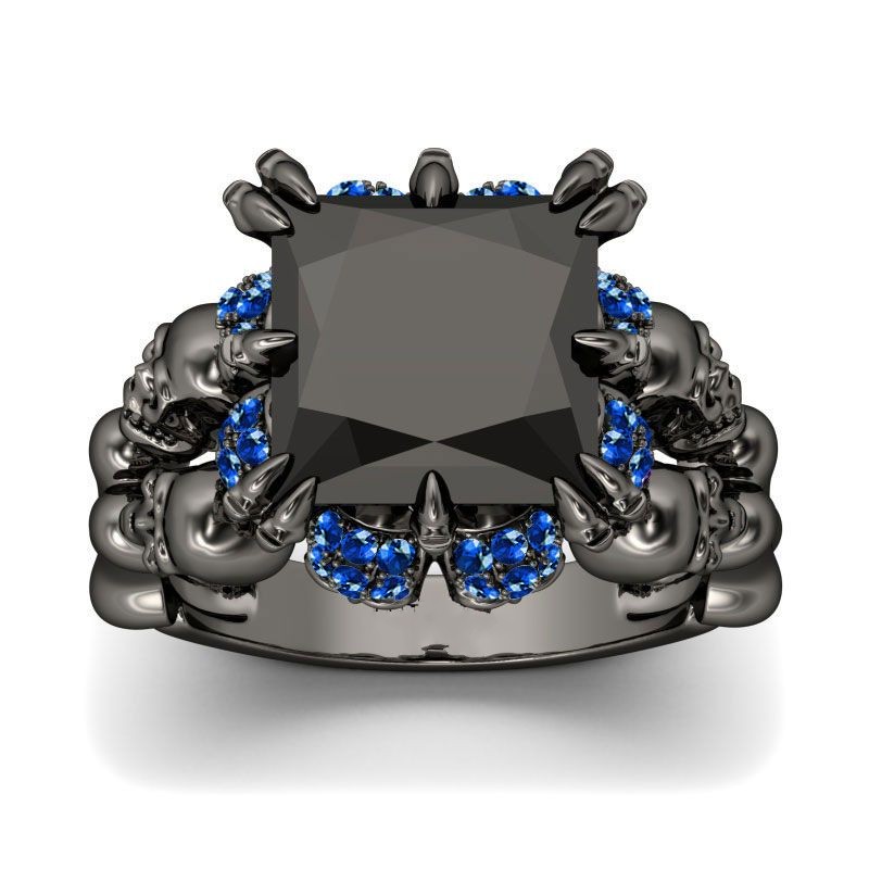 Vintage Punk Fashion Jewelry Wholesale New Brand 10KT Black Gold Filled Big Blue Sapphire Dia Women Wedding Skull Band Ring Gift Box