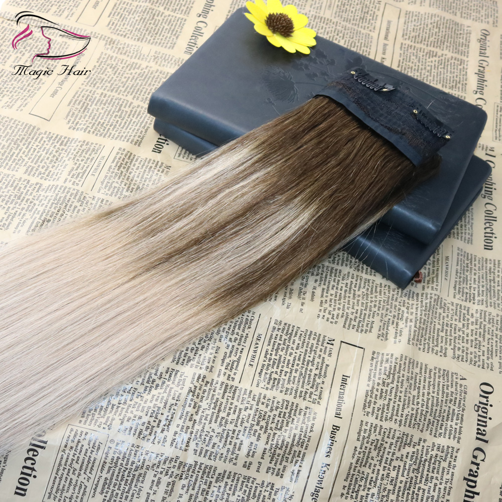5 Clips One Piece Clip In Human Hair Extensions With Lace Straight Brazilian Virgin Hair Ombre Balayage Color #4 Fading To #18 70grams