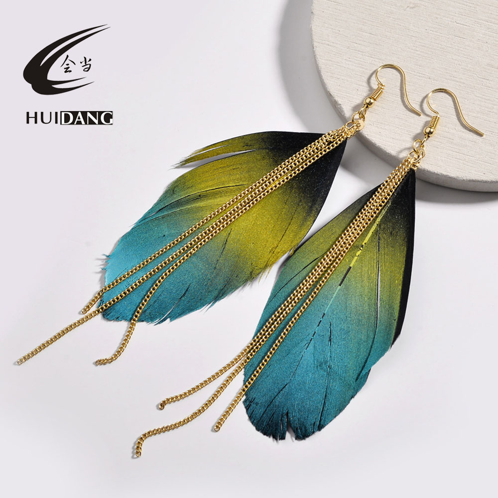 New Arrival Ethnic Long Feather Earrings For Women Gold Metal Chain Tassel With Color Feather Earrings