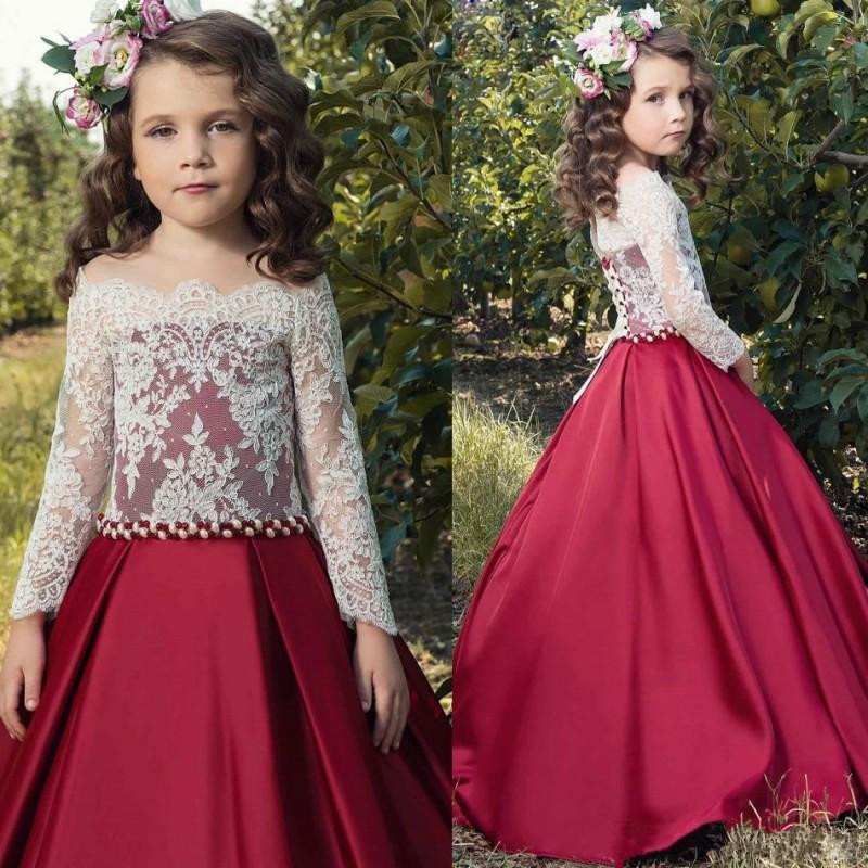 2019 New Arrival Flower Girls Dresses For weddings Lace Top Off The Shoulder Long Sleeves Kids Formal Wear Ball Gown Communion Dress