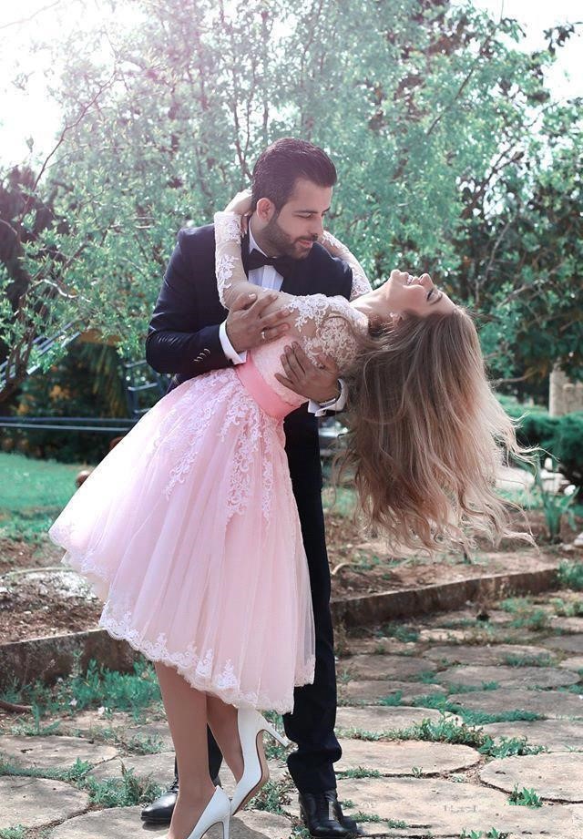Pink Appliqued Lace Short Prom Dresses Said Mhamad Homecoming Dresses Party Dress For Graduation Long Sleeve Knee Length Tail Dress 0510