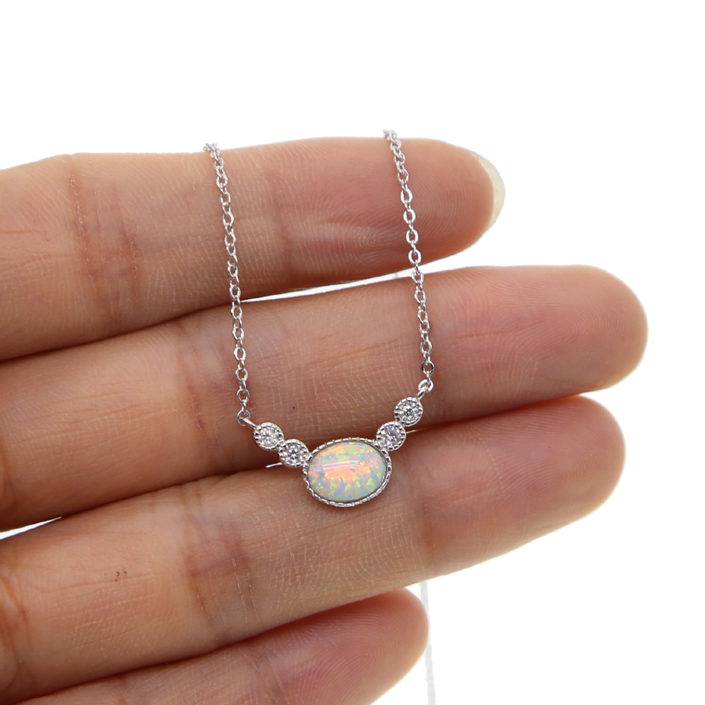925 sterling silver opal gemstone jewelry gold silver color delicate silver chain oval opal stone thin chain simple stone design necklace