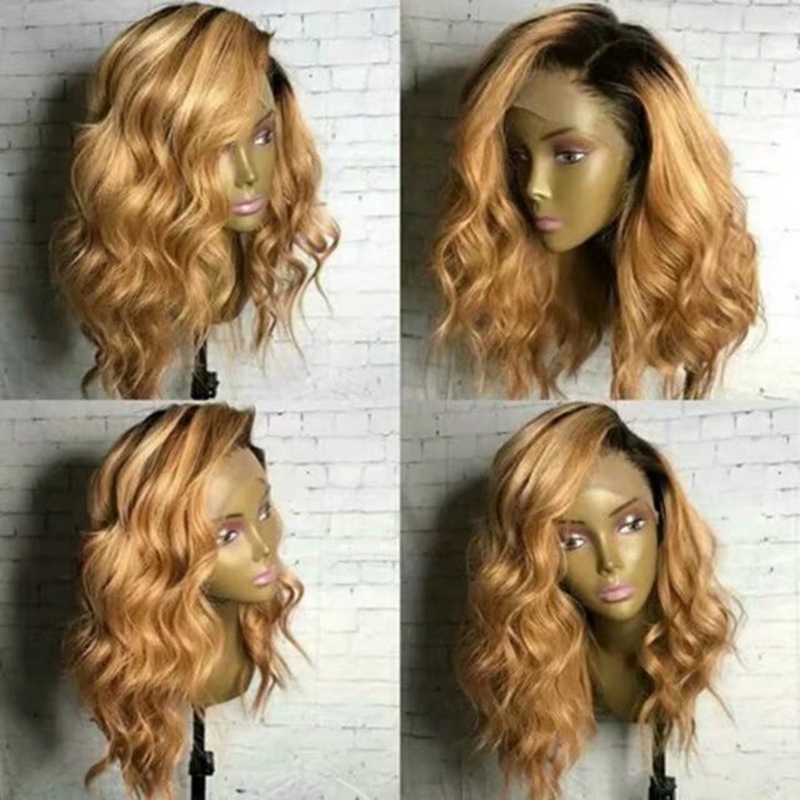 Side Part Platinum Blonde Lace Front Wig 14 Inch Ombre Wig With Dark Roots Heat Resistant Synthetic short bob Wigs For Black Women