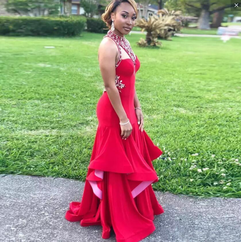 Sexy Red Prom Dresses Saudi African Halter Beads Mermaid Evening Dress Long Custom Made Sexy Back Ruffle Formal Dresses Party Wear