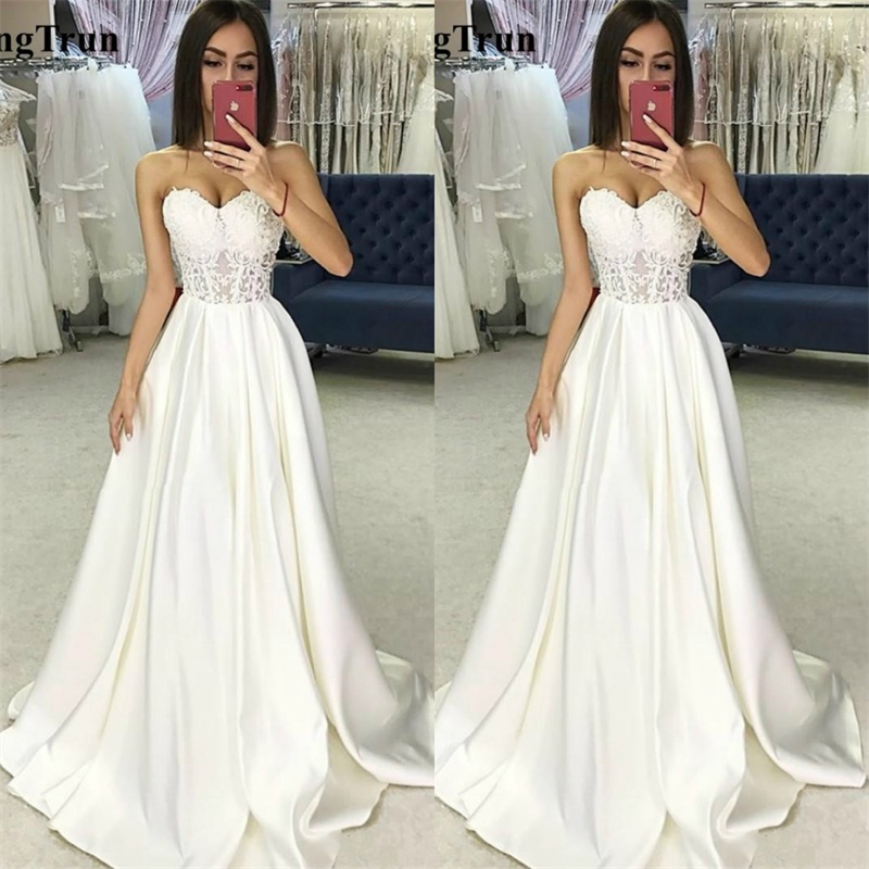 elegant satin a line wedding dresses sweetheart strapless lace appliqued illusion bodice bridal gowns sweep train wedding dress