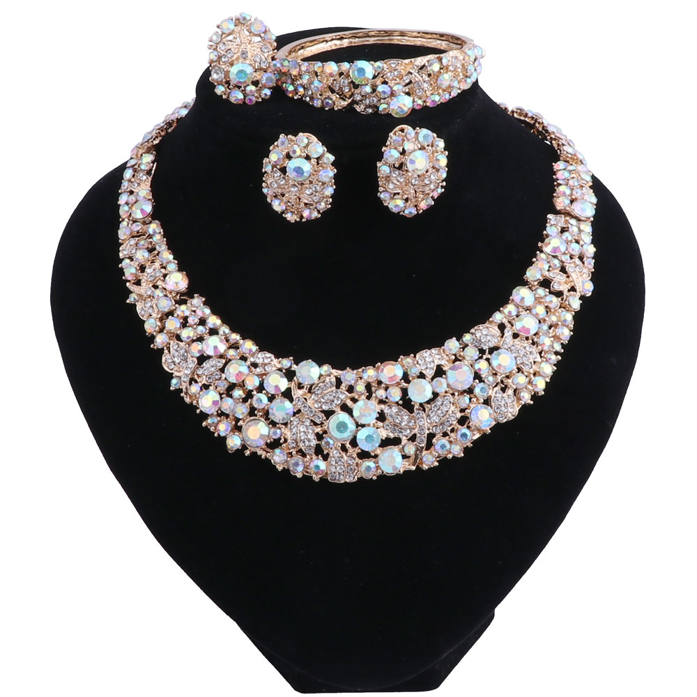 Women AB Color Crystal Jewelry Sets With Necklace Earrings Bracelet Ring Statement Necklaces Boho Trendy Wedding for Party Direct Selling