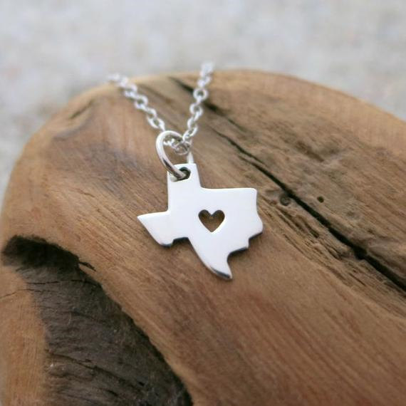 Outline Texas Map Necklace With Heart USA TX State Necklace I Heart Love Texas Necklaces Map Geography Necklace
