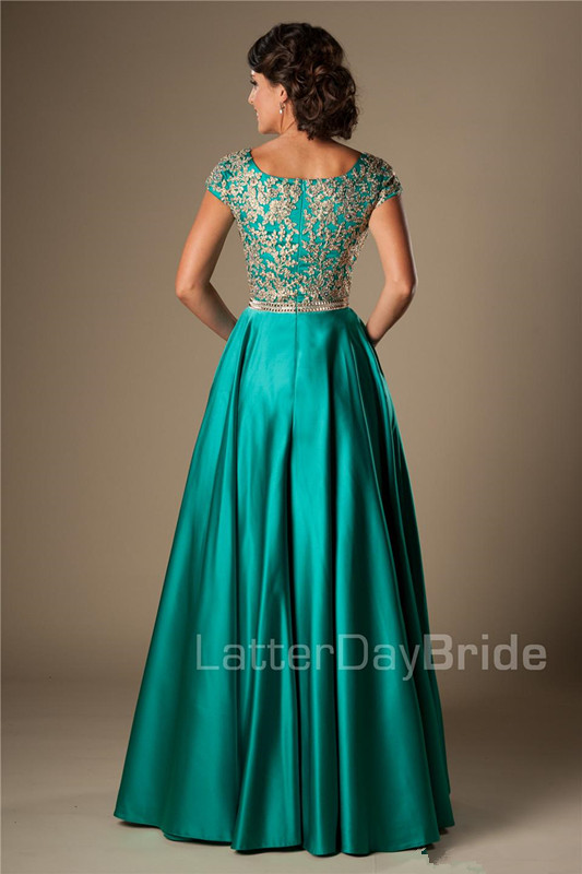 Turquoise Gold Appliques Modest Prom Dresses With Cap Sleeves Long A-line Floor Length College Girls Classic Formal Evening Wear Gowns