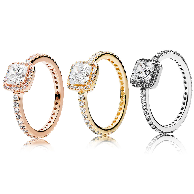 Square shaped Diamond Ring Authentic 925 Sterling Silver Luxurious RING set Women Girls Wedding Party Jewelry Gold Stacking rings with Retail Box wholesale