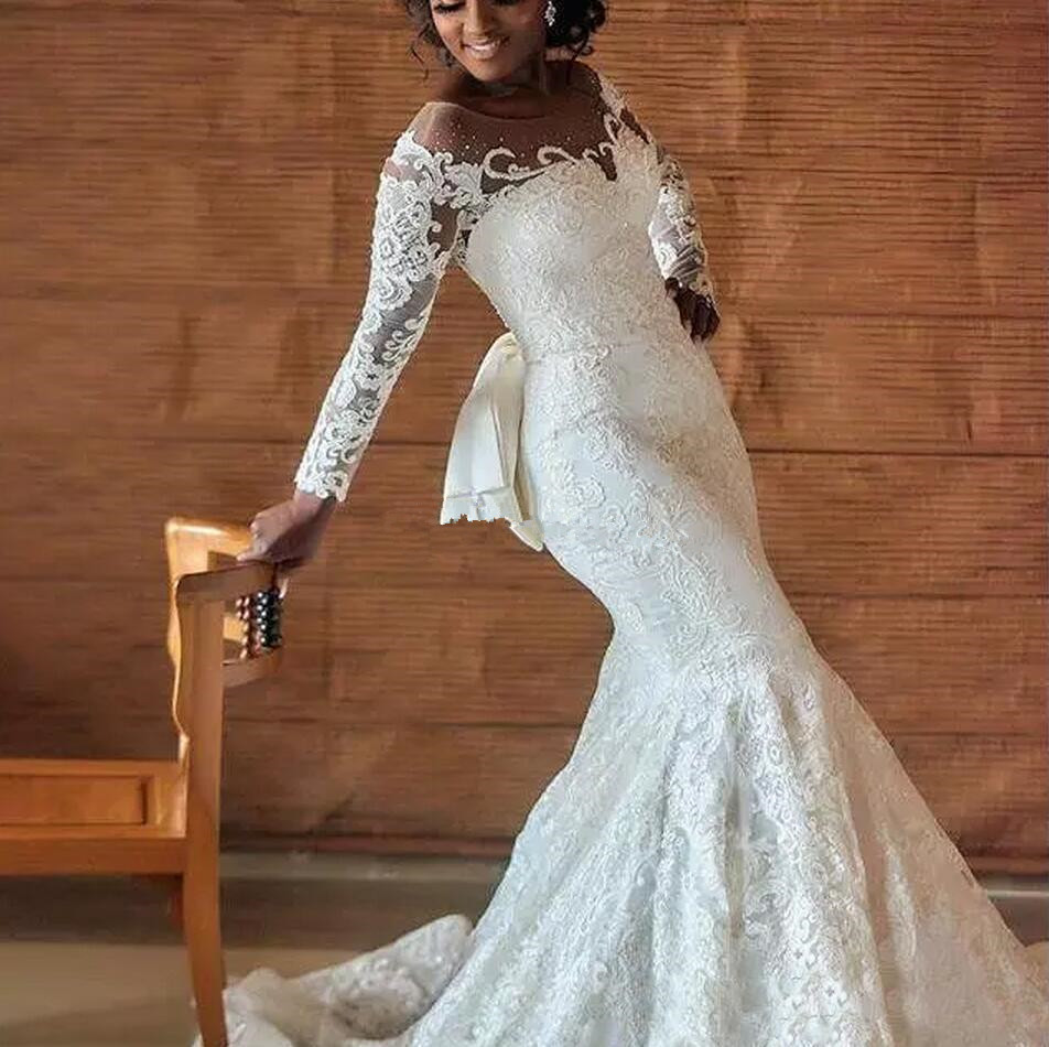 Plus Size Mermaid African Lace Wedding Dresses 2019 Detachable Train Beaded Pearls Nigeria Arabic Overskirt Bridal Gowns With Big Bowknot