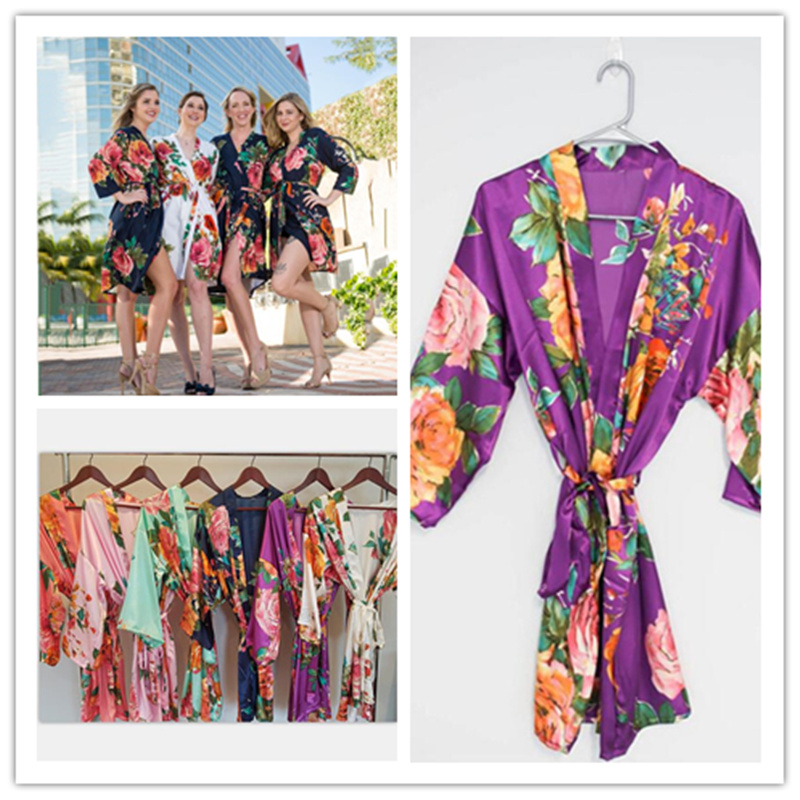 Fashion Silk Satin Short Kimono Robe Wedding Bride Bridesmaid Night Robe Floral Bathrobe Female Dressing Gown For Women