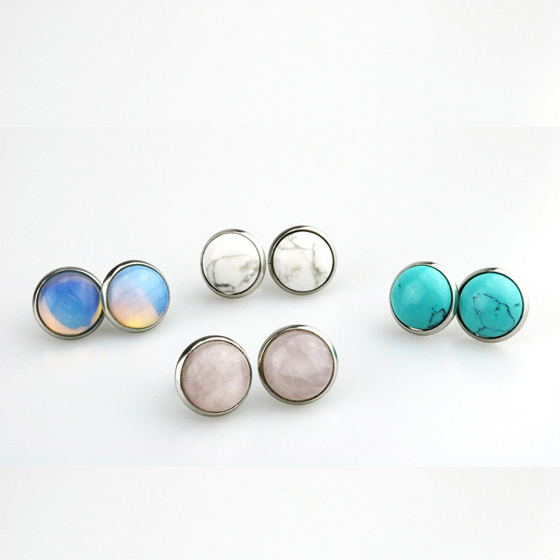 Natural stone 8mm 10mm 12mm White Green Turquoise opal pink crystal Stone Druzy stud Earrings Jewelry for Women