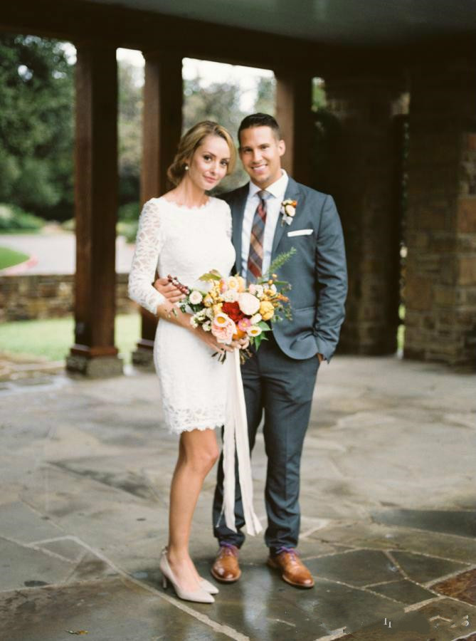 Cheap Full Sexy Lace Sheath Dresses Scoop Neck 3/4 Sleeves Mini Short Above Knee Length Wedding Dress Bridal Gowns Custom Made