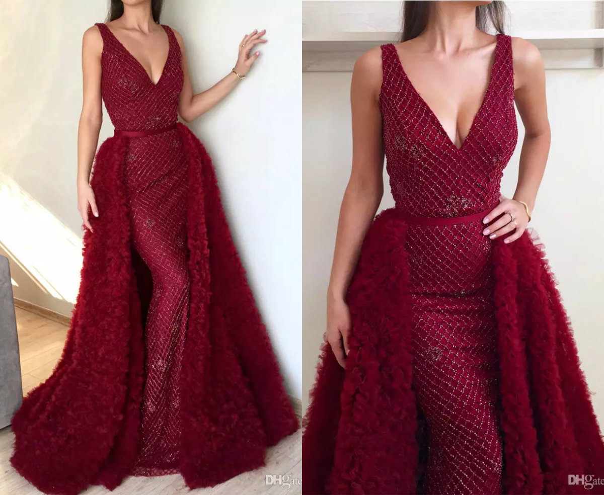 Red Prom Dresses With Detachable Skirt Deep V Neck Beads Sweep Train Sleeveless Dubai Evening Party Wear Elie Saab Formal Dress