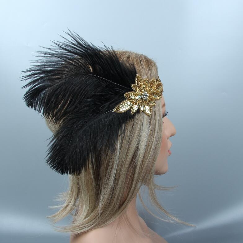 1920s Great Gatsby Black Bridal Headband feather Beauty Girl Peacock Feather Wedding Queen Headband Prom Princess Birthday Party