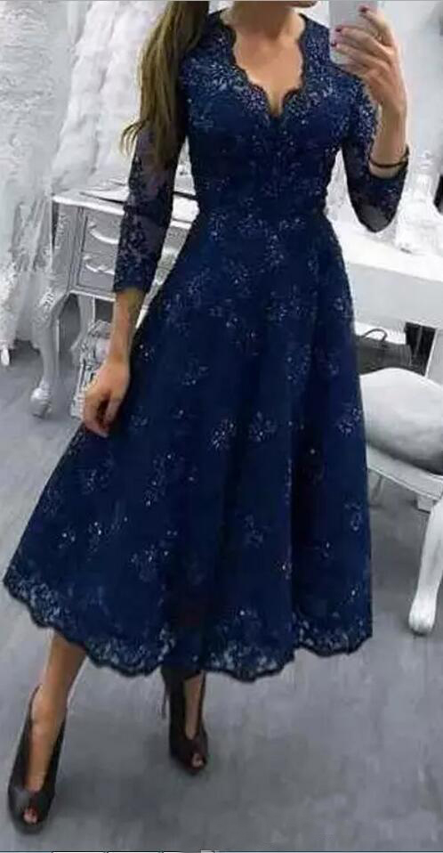 Tea Length Plus Size Lace V Neck Mother Of The Bride Dresses 3/4 Long Sleeves Appliqued A Line Formal Wedding Guest Gowns Evening Dress