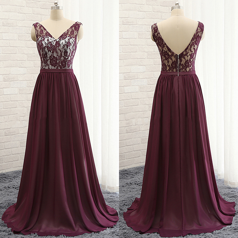 Sexy Lace V neck Backless Bridesmaid Dress Chiffon Empire Beach Style Purple Cheap Long Prom Wedding Party Dresses Gowns Real Photos
Sexy Lace V neck Backless Bridesmaid Dress Chiffon Empire Beach Style Purple Cheap Long Prom Wedding Party Dresses Gowns Real Photos