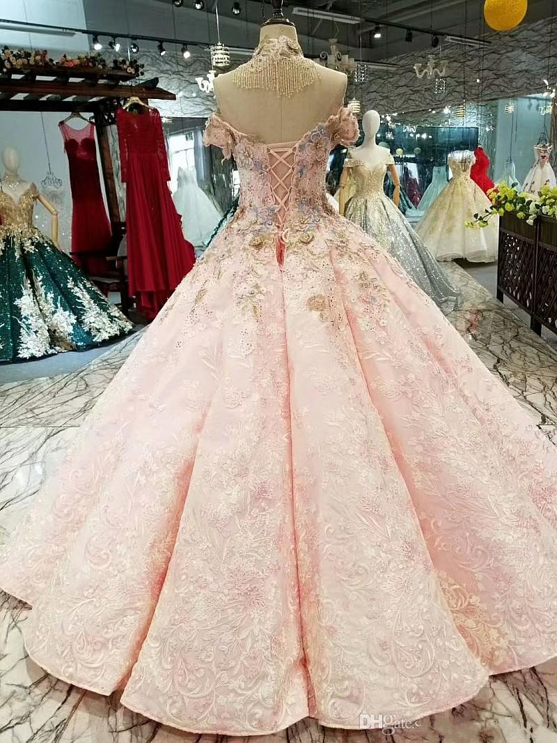 Luxury Pink Ball Gown Prom Dresses Off The Shoulder Lace Appliqued Beads Dress Evening Wear Plus Size Custom Made New Formal Party Gowns