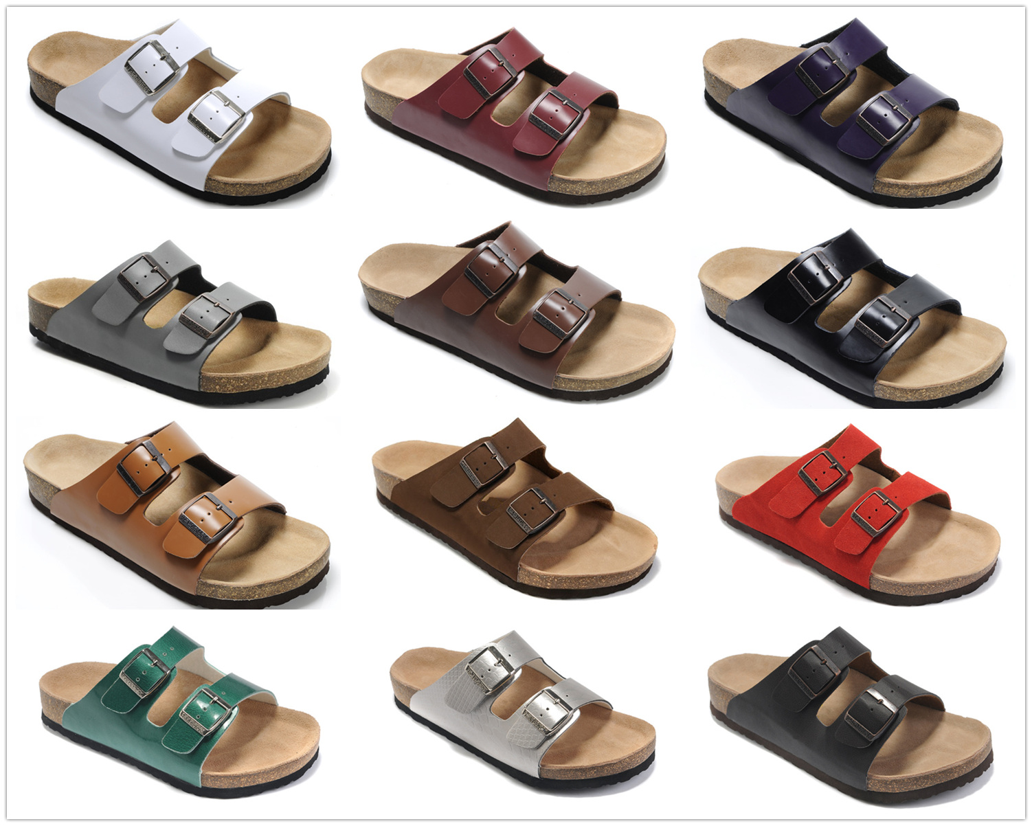 

new brand arizona brik men cork flat heel sandals women fashion summer beach casual shoes with buckle wholesale genuine leather slipper shoe, Black