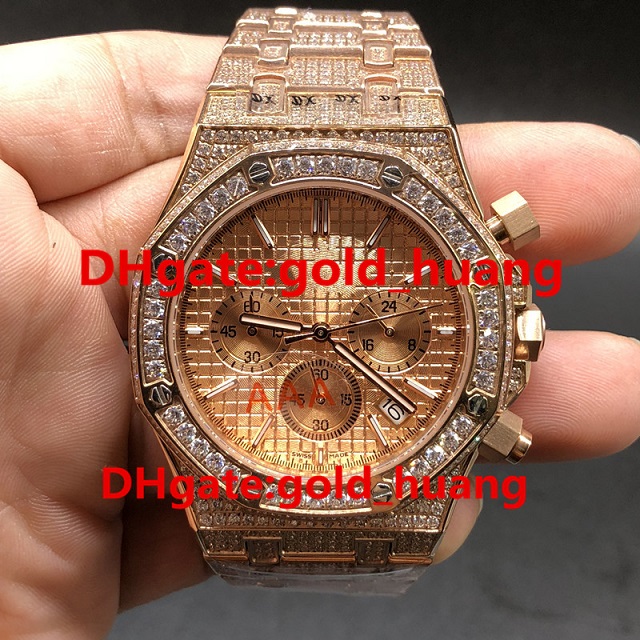 Full iced Luxury 42mm diamond Quartz man watch Full diamond band Quartz Stainless steel Sapphire Full function men's watches Champagne 09876, Rose gold shell. silver face
