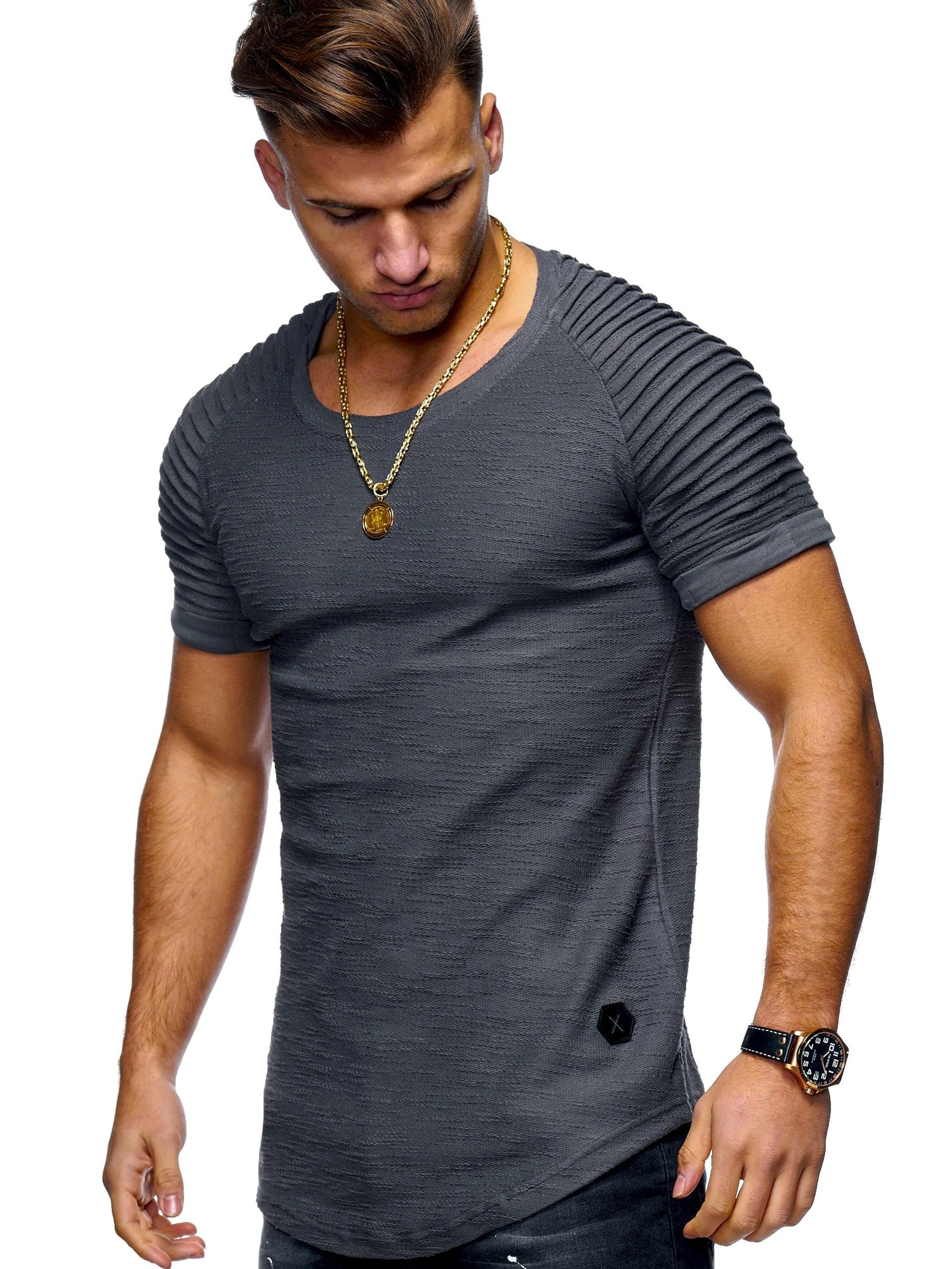 Short Sleeve Men T Shirt Pleated Shoulder Jacquard Striped Slim Fit Tshirt Men Longline Hem Hip Hop Tshirt Streetwear1334331