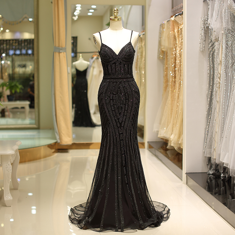 Champagne And Black Two Colors Evening Dresses Spaghetti Sleeveless Mermaid Prom Back Zipper Tiered Ruffle Size US Party Gown