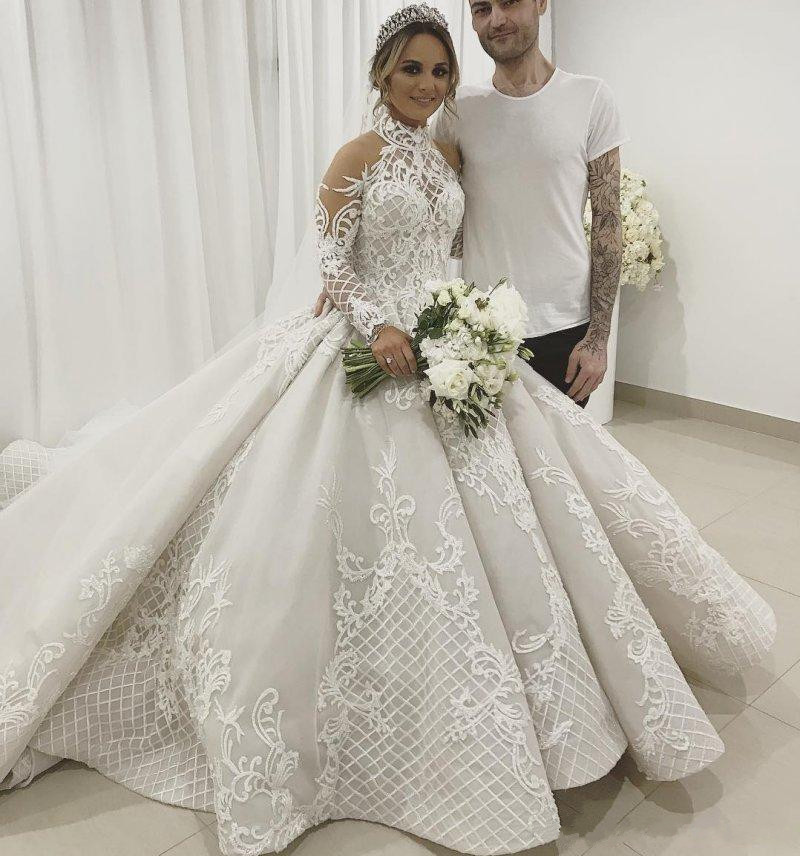 Luxury 2019 Lace Ball Gown Wedding Dresses Long Sleeves High Collar Beaded Bridal Gowns Appliqued Cathedral Train Sequined Vestidos De Novia