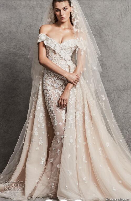 Zuhair Murad Fall 2018 Wedding Dress Off Shoulder Lace Floral Applique Beads Tulle Bridal Gowns With Removable Sweep Train