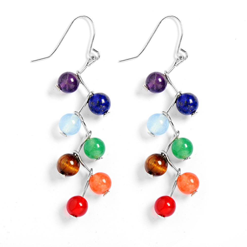 Fashion Healing Chakra 7 Rainbow Round Natural Stone For Women Vintage Yoga Bead Jewelry Long Drop Colorful Dangle Earrings Boho