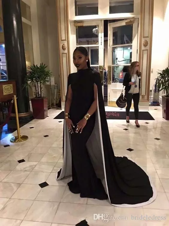 Elegant Mermaid Evening Dresses Plus Size High Neck Black Formal Prom Gowns With Capes Saudi Arabic African Party Dress