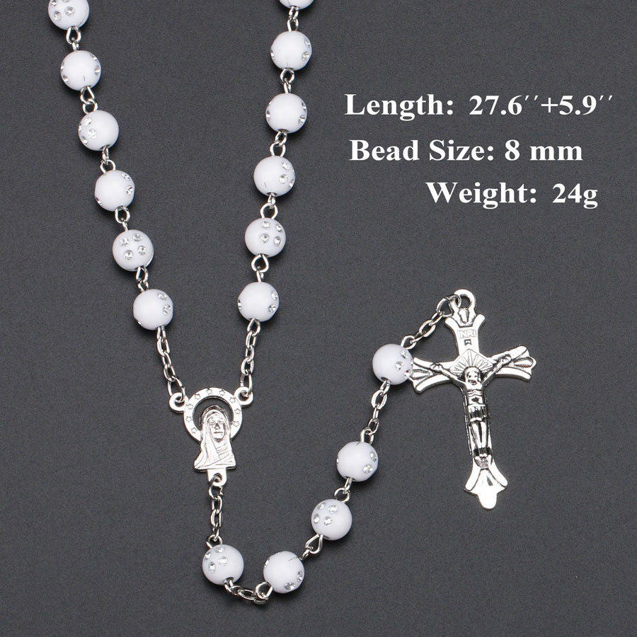 8mm New White Rosary Beads Religious Catholic Rosary Necklace Five-Decade Rosary Prayer Jesus Crucifix Stars Mary Centerpiece