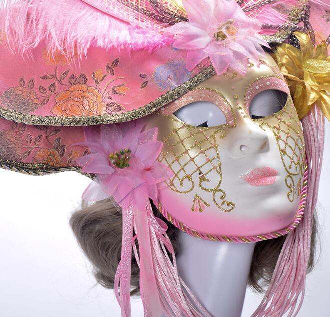 Elegant Venetian Masks with Feather Flower Hat Full Face Masquerade Party For Women Wedding Cosplay Props