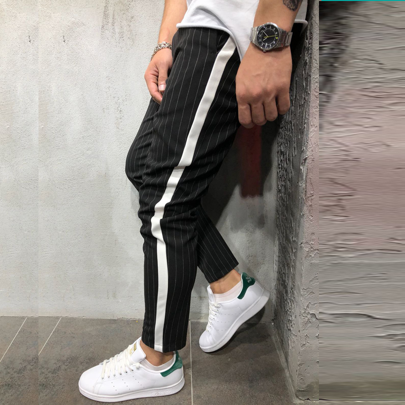 Mens Ankle Pants Streetwear Side Stripes Checkered Trousers Casual Slim Fit Street Fas