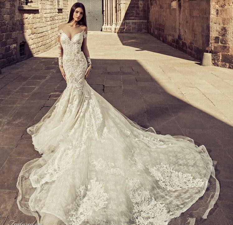 sexy illusion mermaid wedding dresses sheer long sleeves bridal gowns lace appliqued court train african wedding dress
