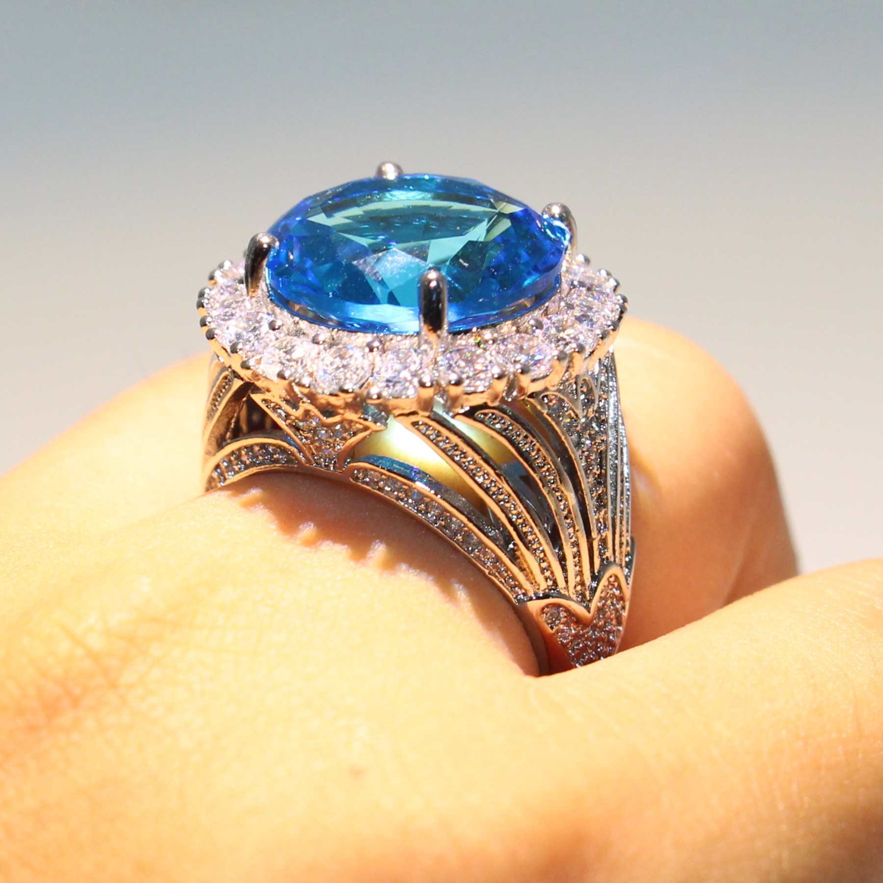 Size 6-10 Drop Shipping Jewelry Sterg Sier Big Aquamarine CZ Crystal 12CT Women Wedding Eternity Finger Ring For Lover Gift