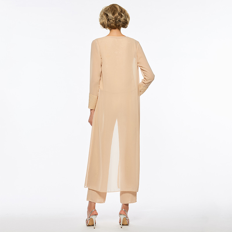 Elegant Two Pieces Mother Of The Bride Dress Pants Suit Sheath Long Sleeves Champagne Chiffon Wedding Party Mother Of The Bride Dress