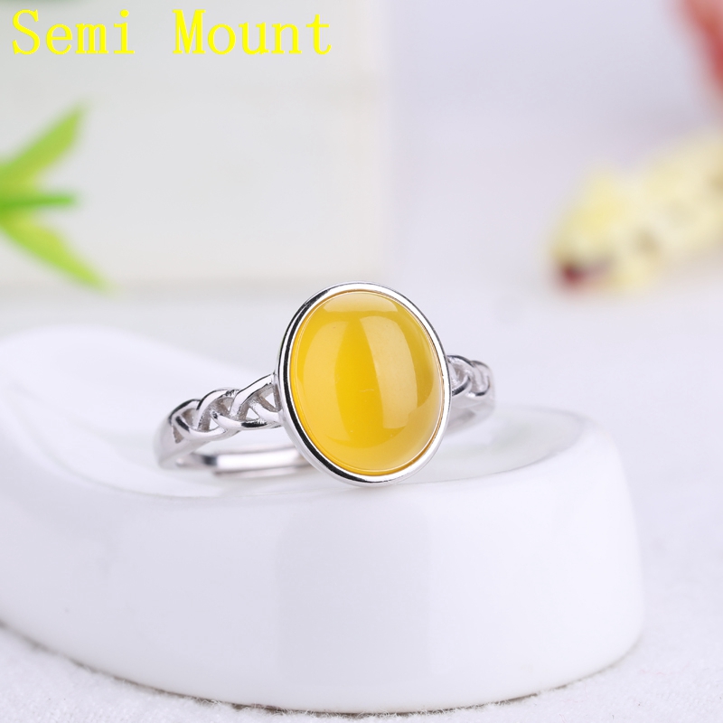 925 Sterling Silver Engagement Wedding Ring 9x10.8mm Oval Cabochon Semi Mount Ring Women for Amber Fine Jewelry Setting White Gold Color