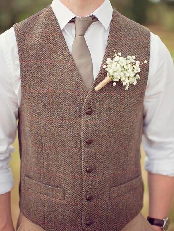 Country Farm Wedding Brown Wool Herringbone Tweed Vests Custom Made Groom Vest Slim Fit Mens Suit Vest Prom Wedding Waistcoat Plus Size