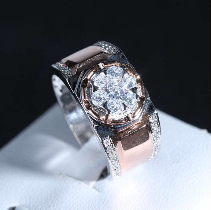 Sterg Sier & Rose Gold Fill White Topaz CZ Dia Men's Band Ring for Party, Wedding, Engagement, Anniversary, Gift