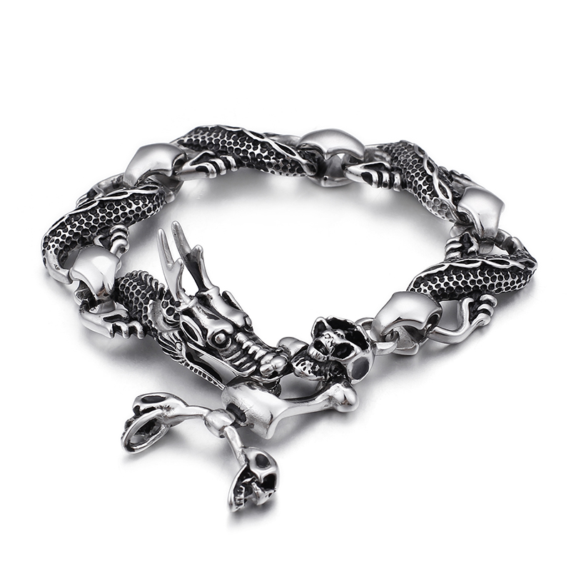 Men's Thick Heavy Stainless Steel Bracelet Classic Chinese Dragon Head Buckle High Polished Double Layers Snake Chain Bracelets
