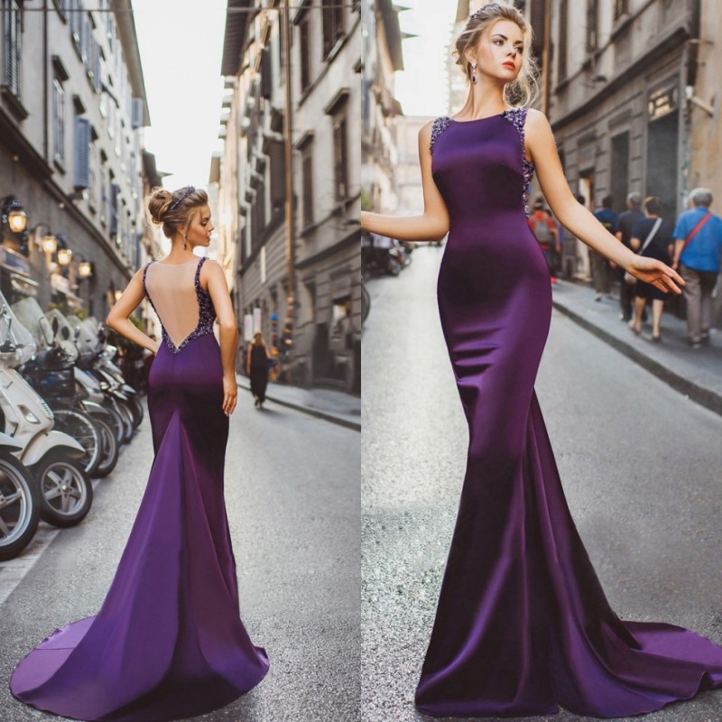 Elegant Purple Mermaid Evening Dresses With Crystals Bateau Neck Long Prom Dress Sheer Back Red Carpet Party Gowns Custom
