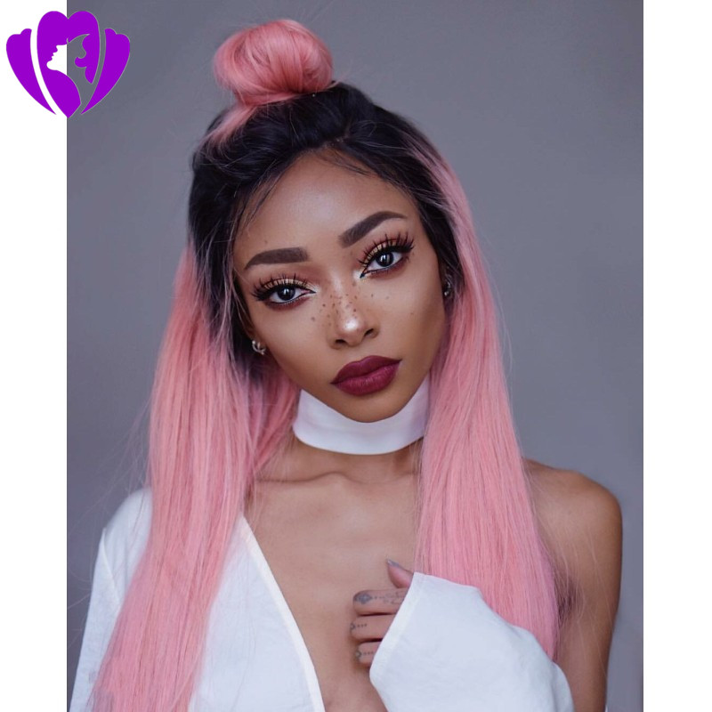 Black Ombre Pink Straight Wig Synthetic Lace Front Wigs heat resistant fire free part women wigs