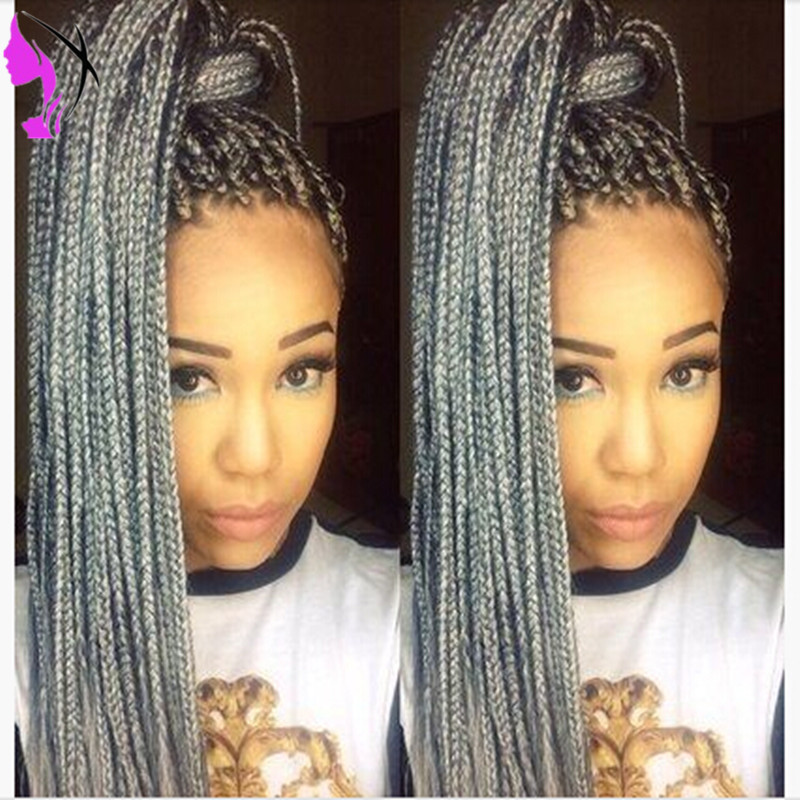 Jamaica Long Fully Hand Micro Braided Lace Front Wig ombre grey color Justice Box Braids synthetic lace front wig for black women