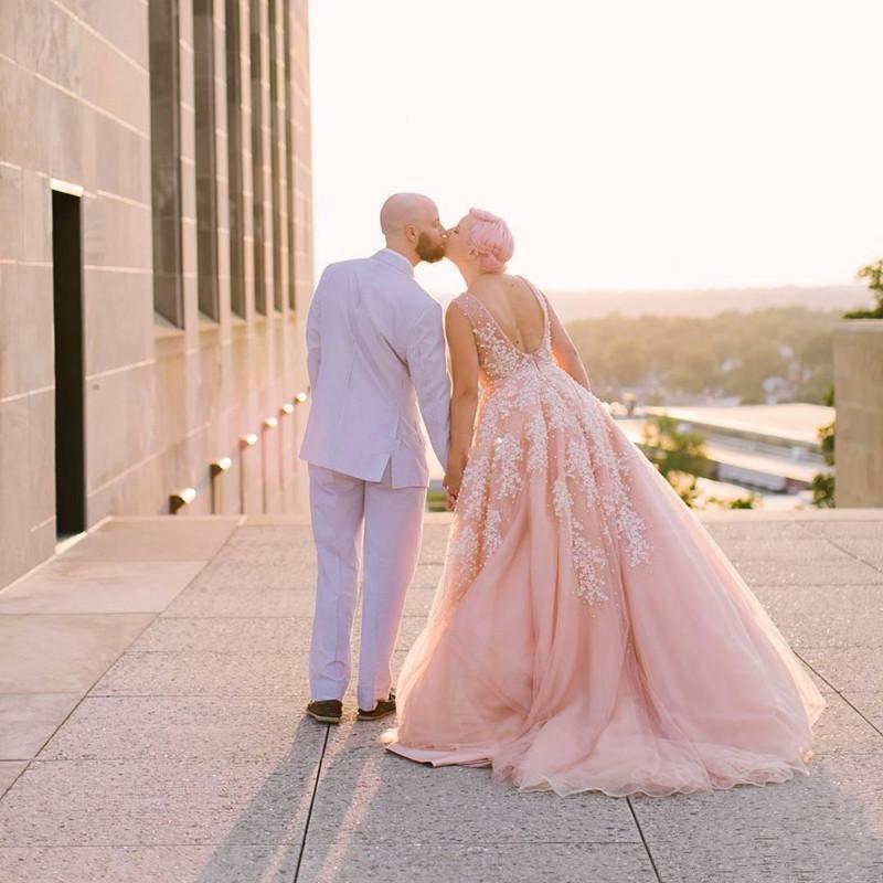 Deep V Neck Blush Pink Country Dresses Tulle Lace Applique Beaded Backless Boho Bridal Gowns A e Bohemian Wedding Dress