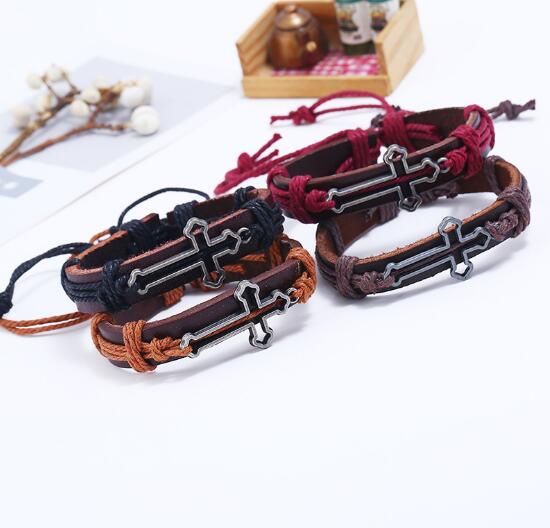 2018 hot sales 100% Genuine Leather Bracelets 15 style selection religious cross Bracelets Men Women Jewelry Charm Leather Bracelet
